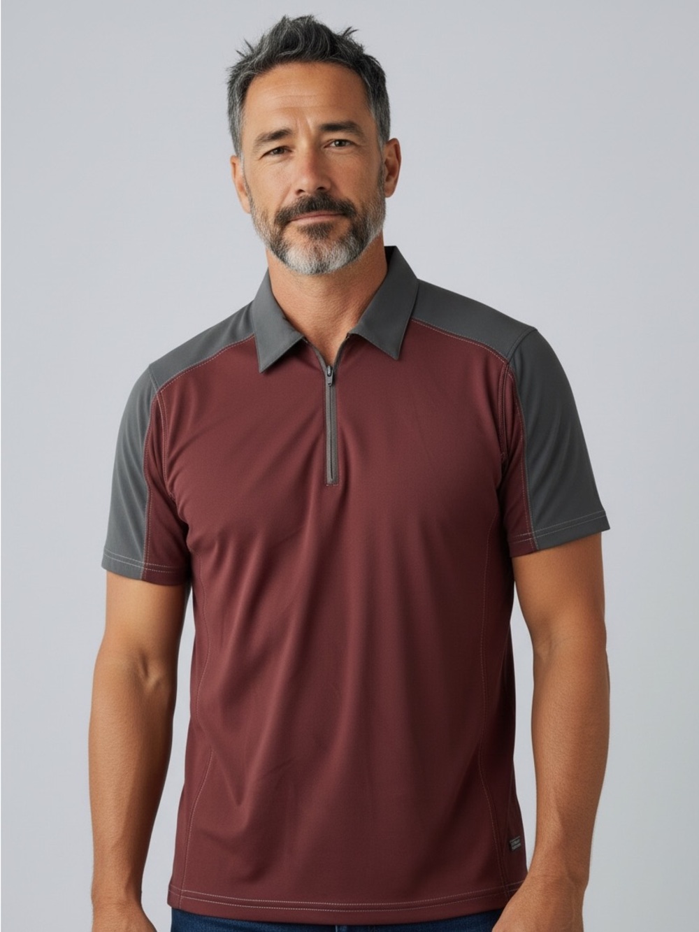 KUHL Coffeenna Men's Short-Sleeve Zip Polo in Burgundy and Charcoal